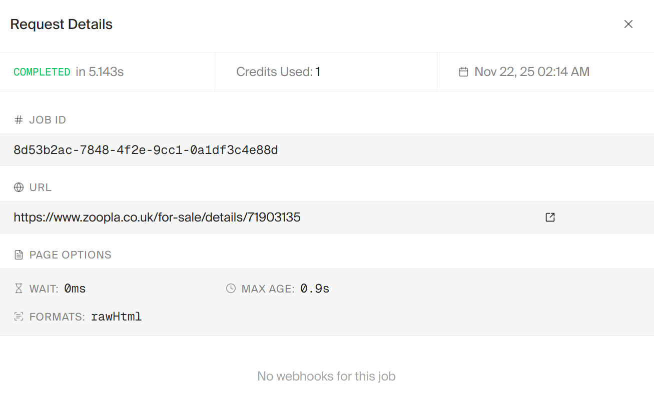 screengrab of firecrawl log details dashboard