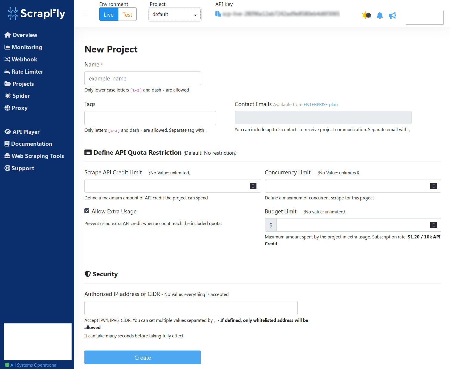 screencapture of new project section on scrapfly dashboard