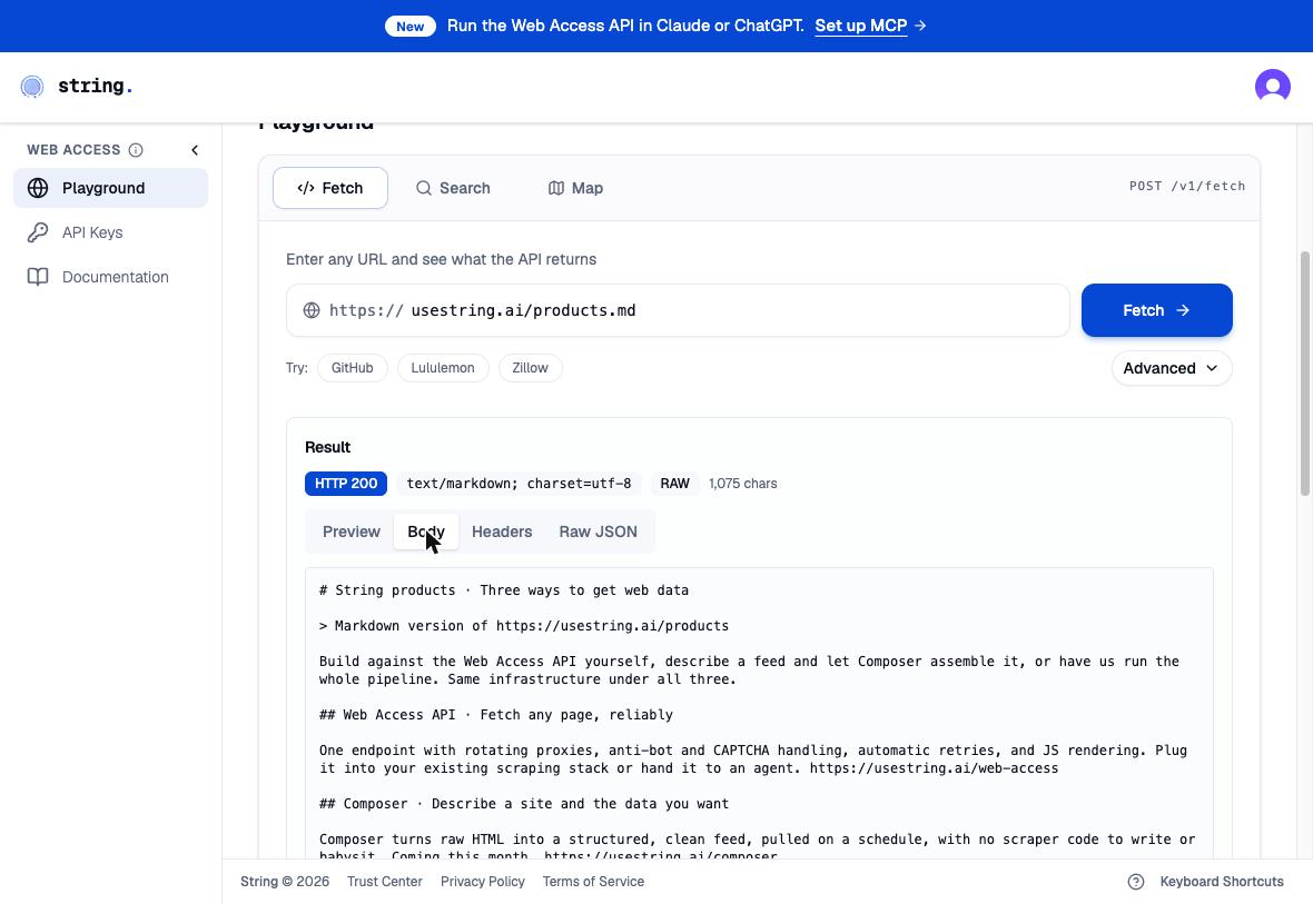 screengrab of string web api playground