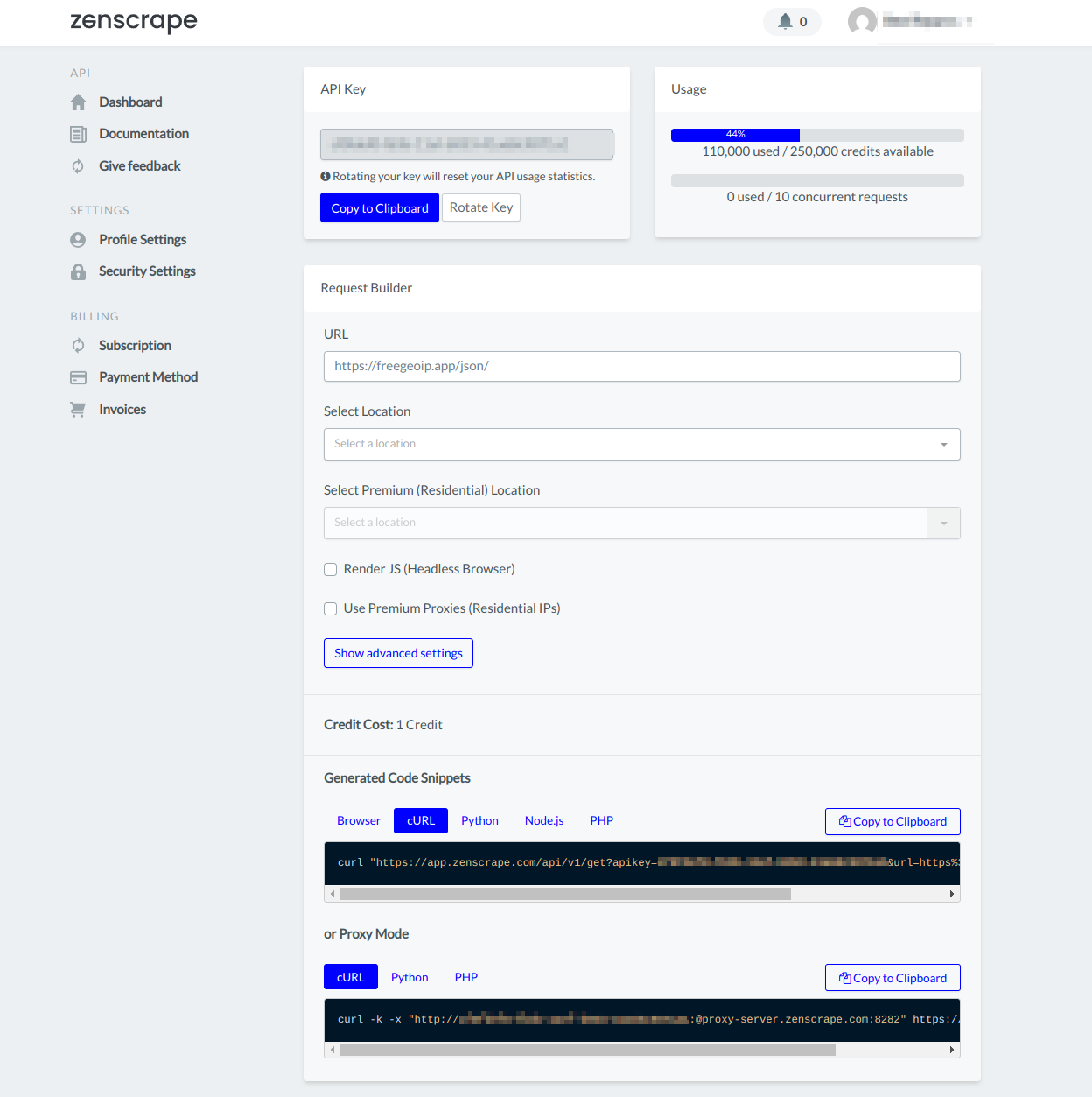 screengrab of zenscrape scraping dashboard home